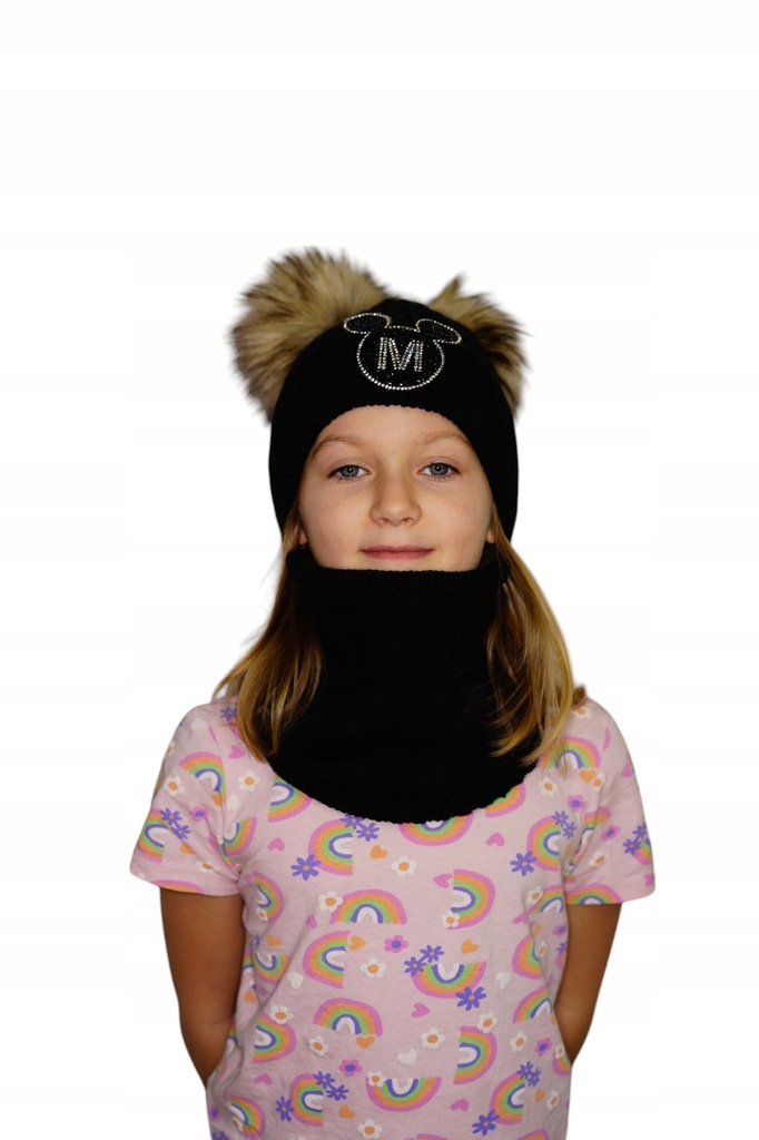 Czapka zimowa dla dziewczynki komin zestaw pompon Mini Miki Cyrkonie