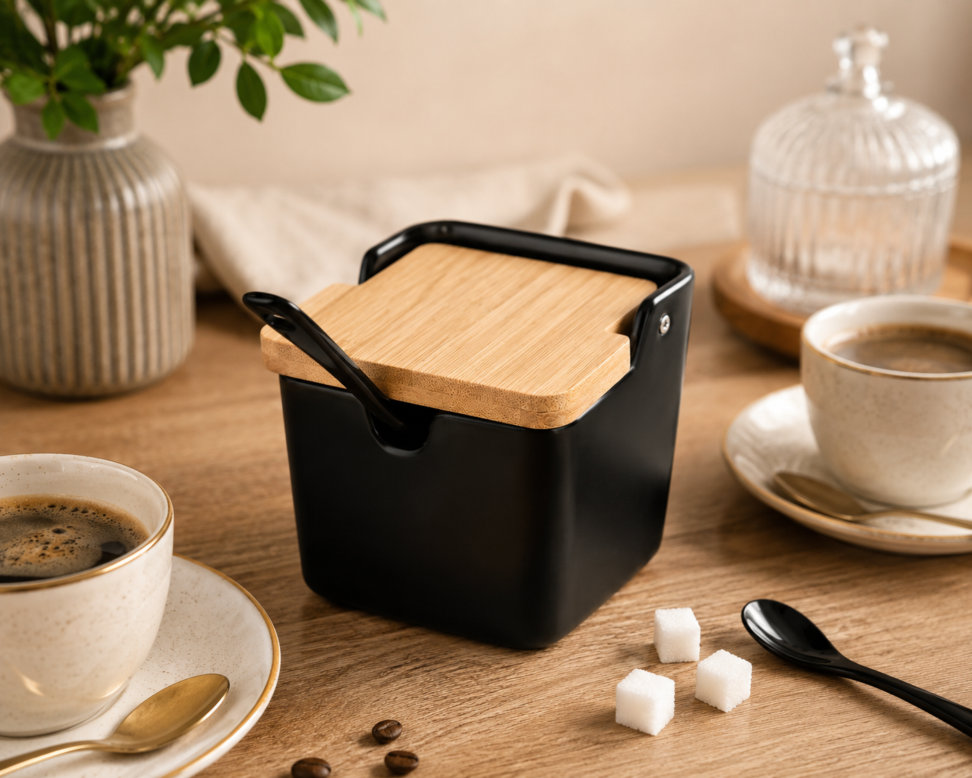 Cukierniczka ceramiczna z łyżeczką czarna pojemnik na cukier bambus - obrazek 2