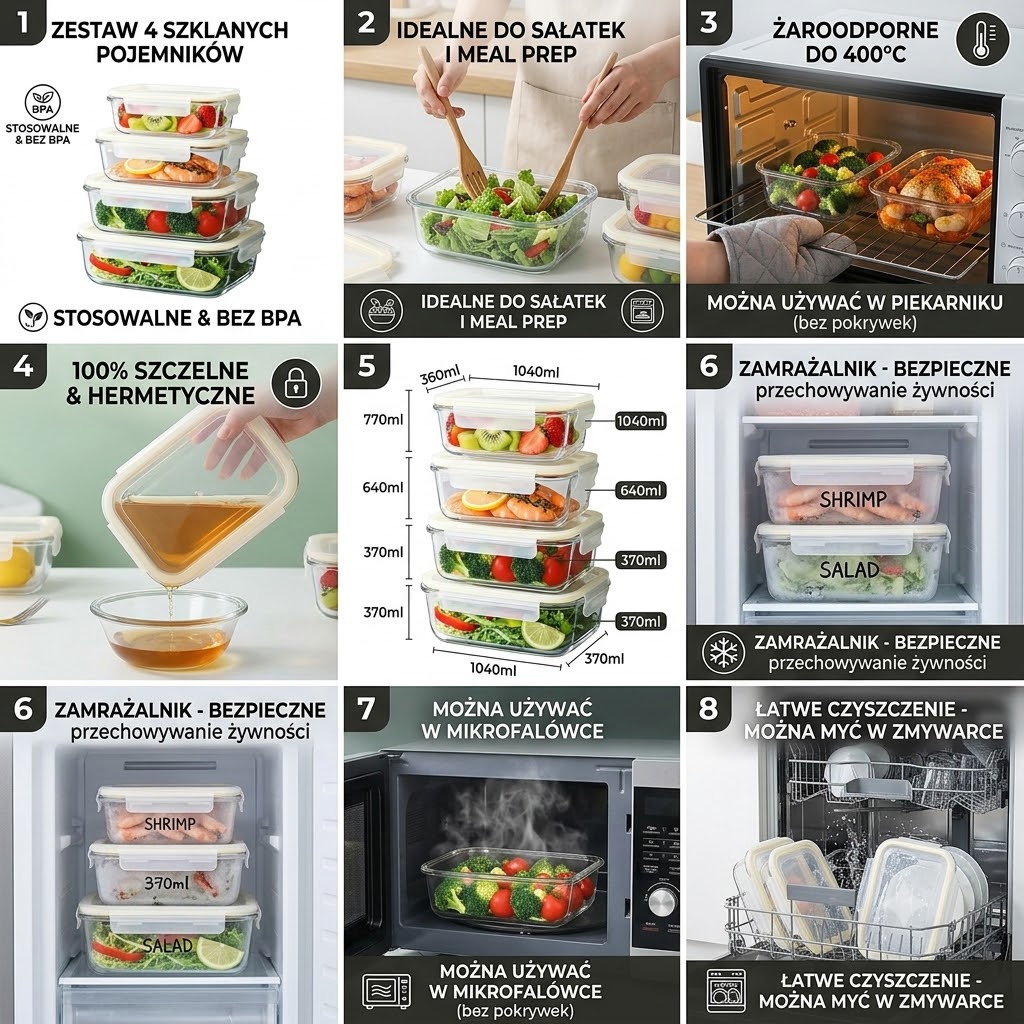 Zestaw 4 Szklanych Pojemników na Żywność z Pokrywką – Żaroodporne – 350ml-1320ml - obrazek 4